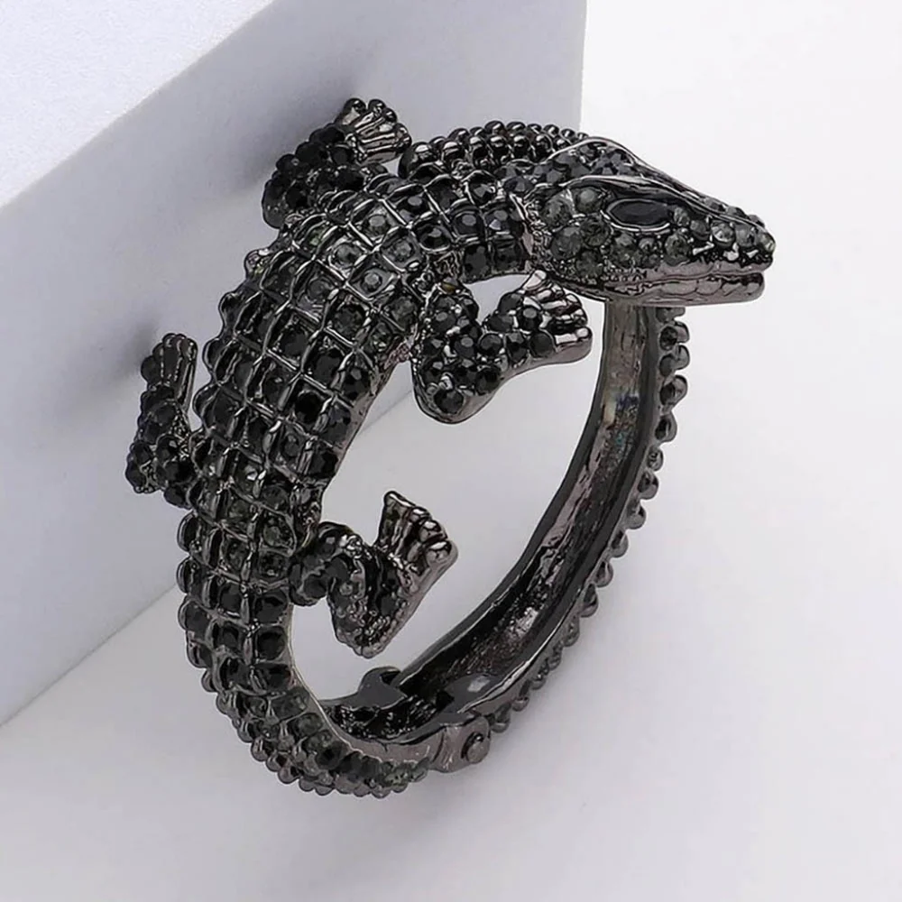 Black Rhinestone Alligator Crocodile Cuff Bracelet Statement Jewelry Accessory